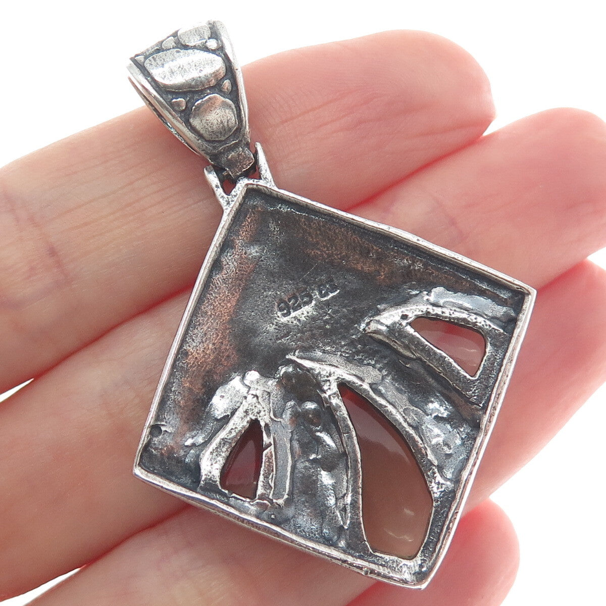 925 Sterling Silver Vintage Real Smoky Quartz Pebble Modernist Oxidized Pendant