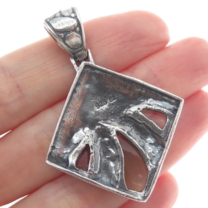 925 Sterling Silver Vintage Real Smoky Quartz Pebble Modernist Oxidized Pendant