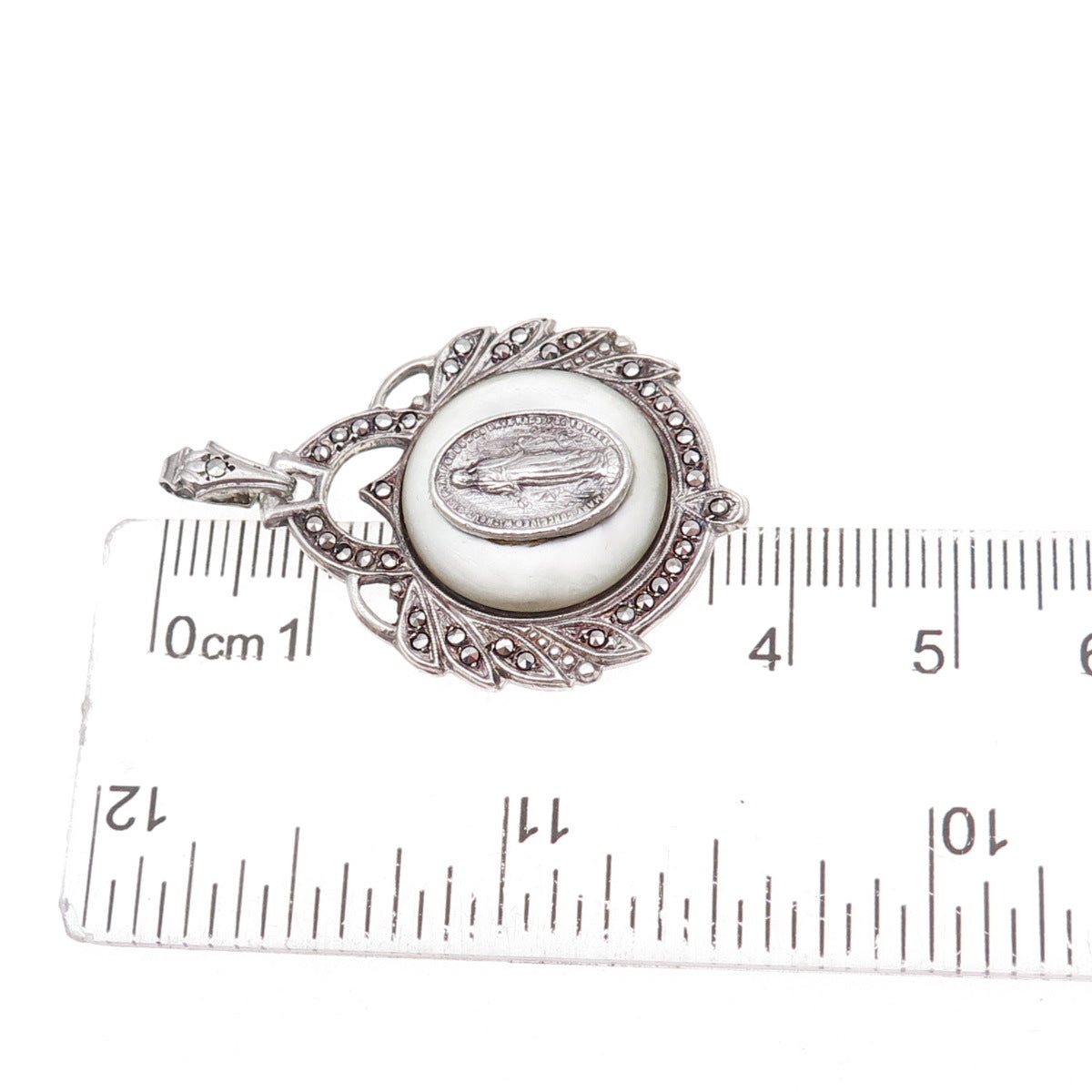925 Sterling Silver Antique Art Deco Real MOP & Marcasite St. Mary Charm Pendant