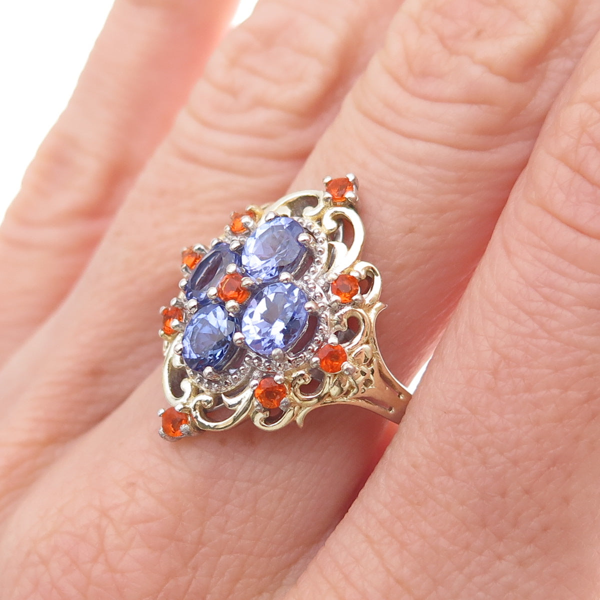Chuck Clemency 925 Sterling Silver 2-Tone Real Tanzanite & Fire Opal Ring Size 8