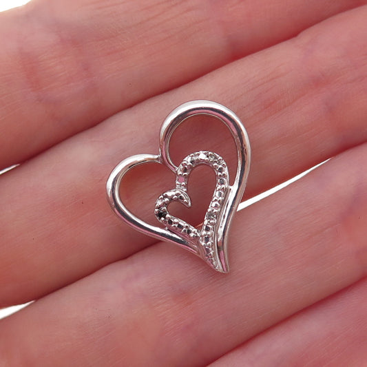 Sun 925 Sterling Silver Real Black & White Diamond Heart Slide Charm Pendant