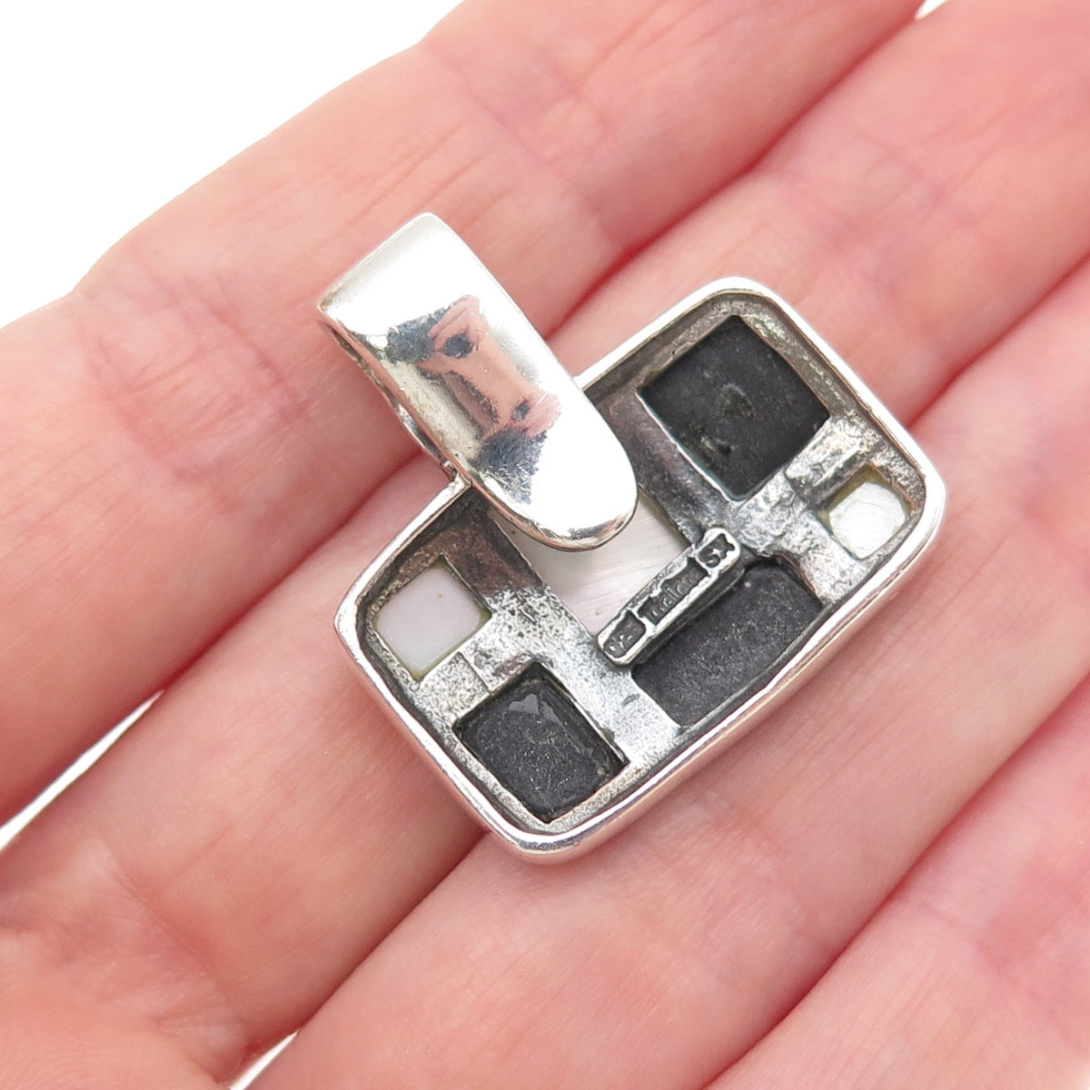 SX Sally C 925 Sterling Silver Vintage Real Black Onyx & MOP Charm Pendant