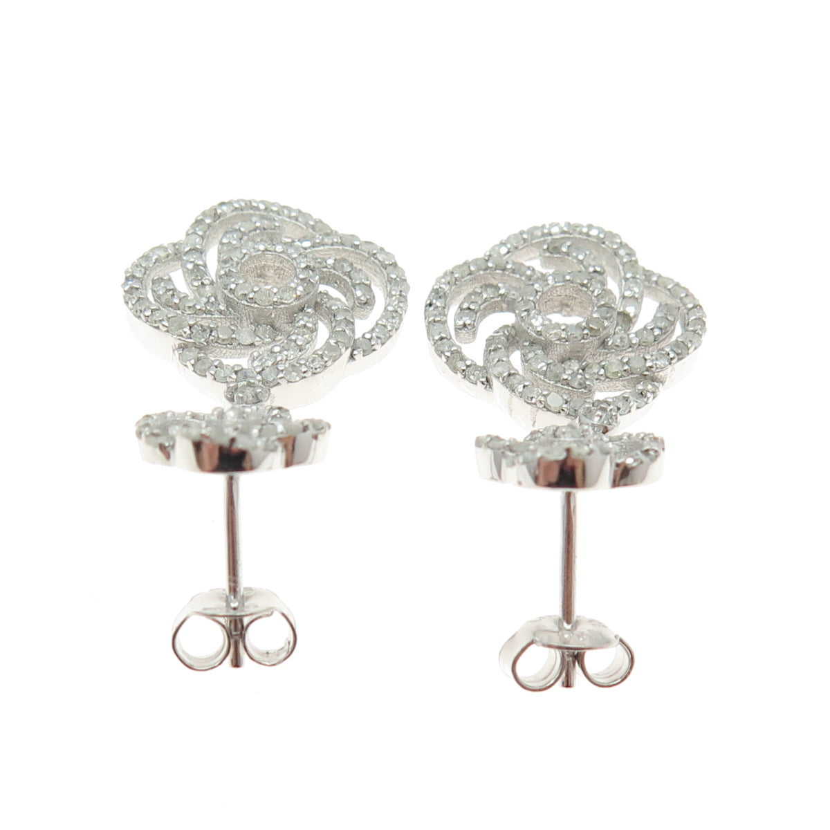 925 Sterling Silver Real Round-Cut Diamond Flower Dangling Earrings