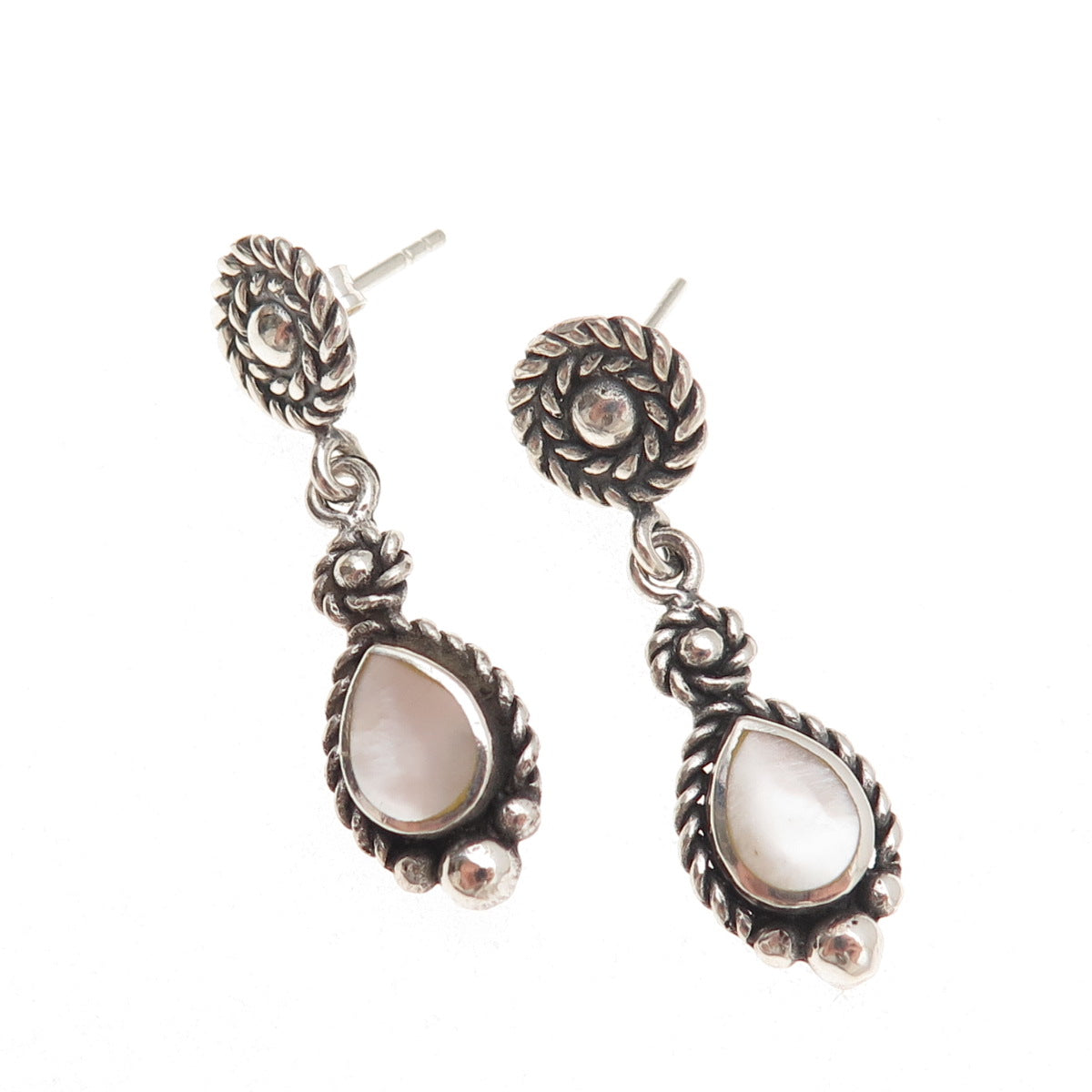 925 Sterling Silver Vintage Real MOP Teardrop Oxidized Dangle Earrings