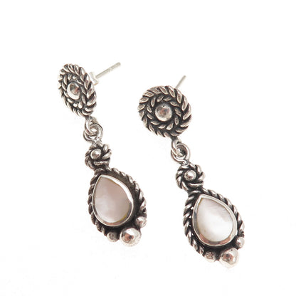 925 Sterling Silver Vintage Real MOP Teardrop Oxidized Dangle Earrings