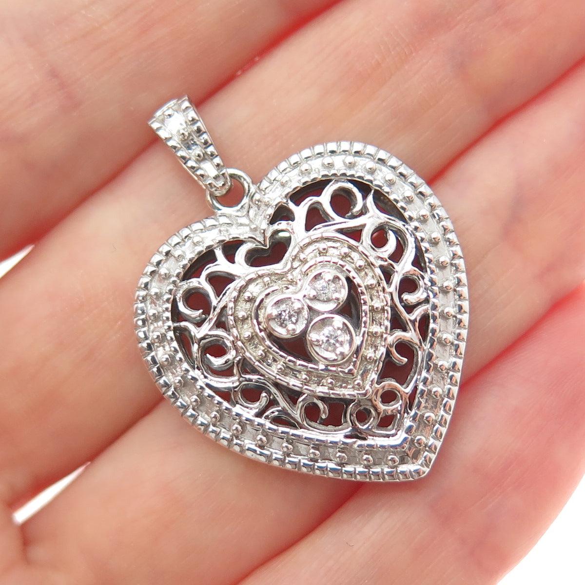 925 Sterling Silver Real Round-Cut Diamond Ornate Heart Charm Pendant