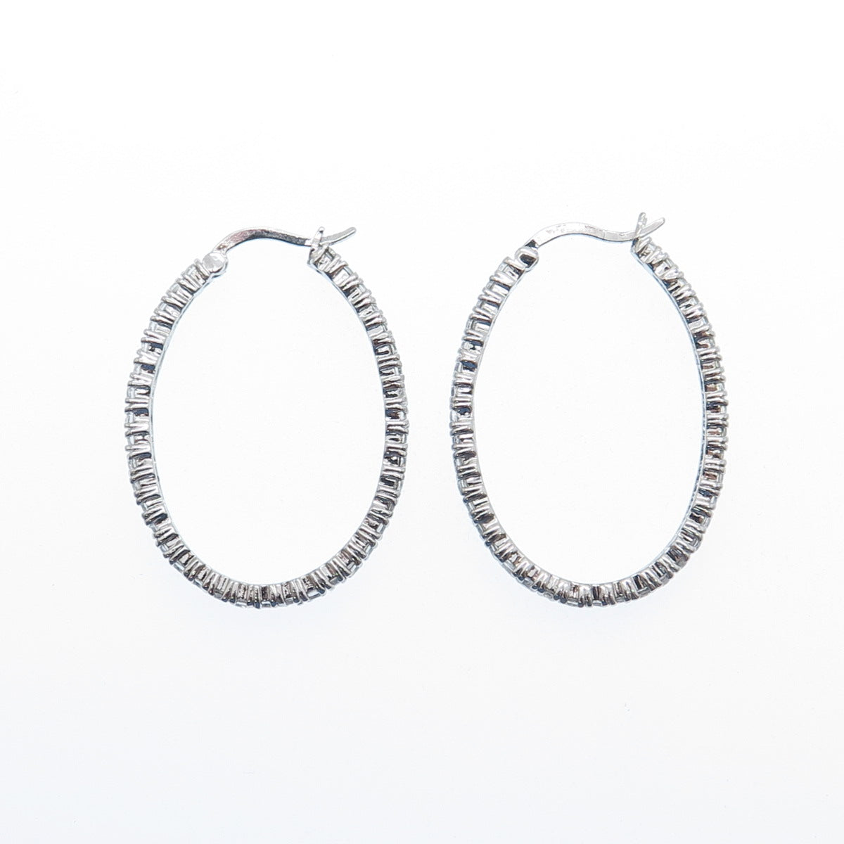 925 Sterling Silver Round-Cut C Z All Around Oval Hoop Earrings