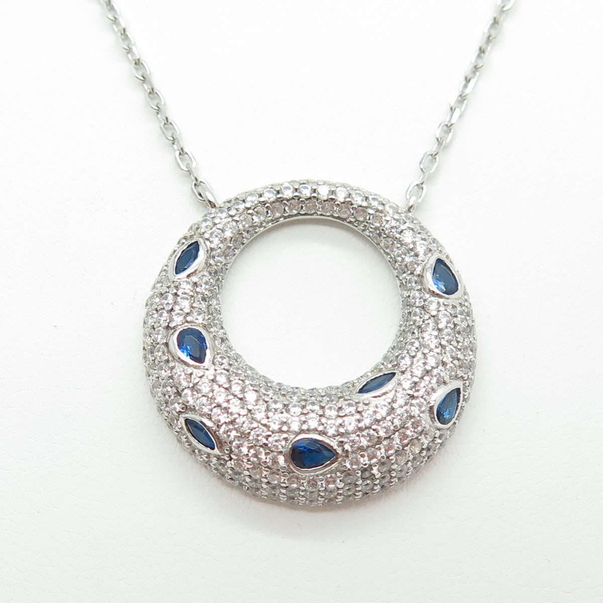 925 Sterling Silver Multi-Cut Blue & White C Z Crescent Chain Necklace 16-18"
