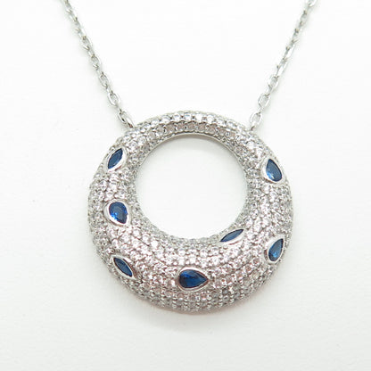 925 Sterling Silver Multi-Cut Blue & White C Z Crescent Chain Necklace 16-18"