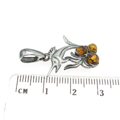 925 Sterling Silver Vintage Real Amber Swordfish Oxidized Pendant