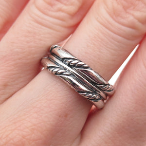 925 Sterling Silver Vintage Twisted Rope 2-Row Oxidized Band Ring Size 7