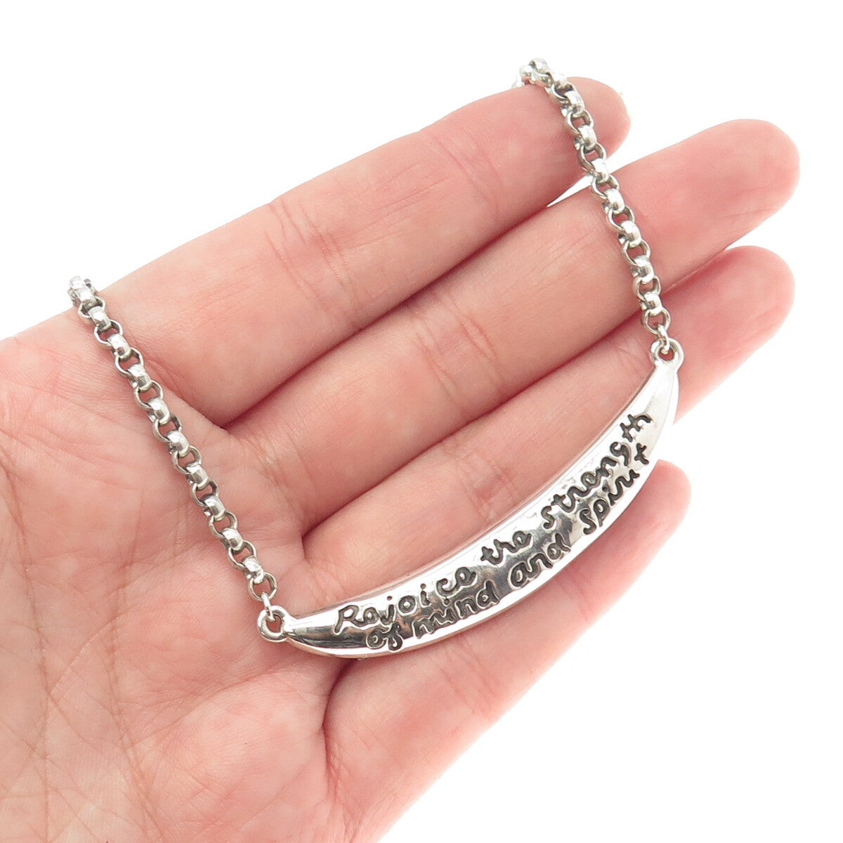 925 Sterling Silver Vintage "Rejoice The Strength of Mind & Spirit" Necklace 18"