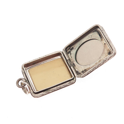 Silver-Tone Antique Art Deco Engraved Floral Locket Box Charm Pendant