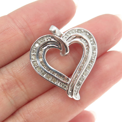 925 Sterling Silver Real Round & Baguette-Cut Diamond Heart Pendant