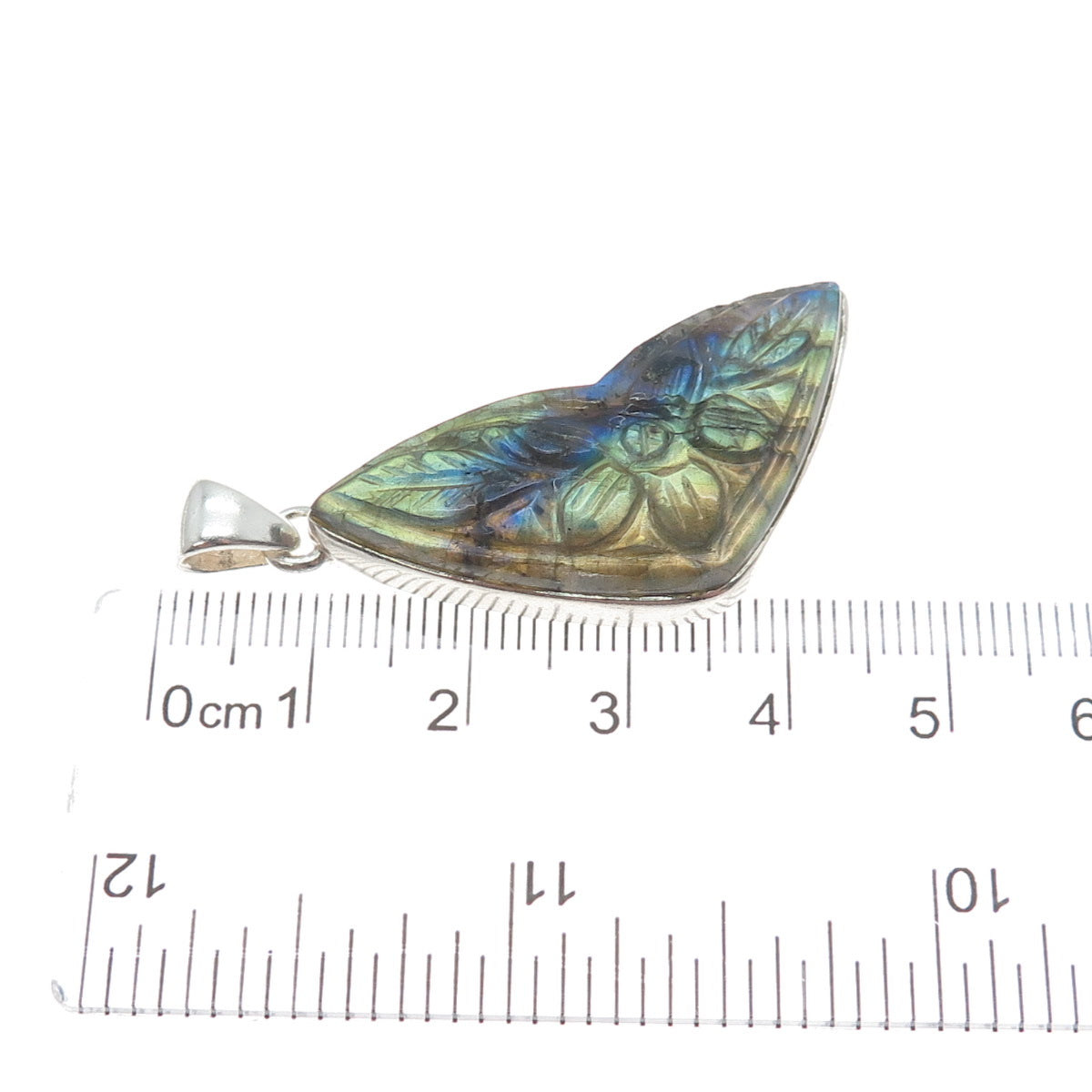 925 Sterling Silver Vintage Real Labradorite Carved Flower Charm Pendant