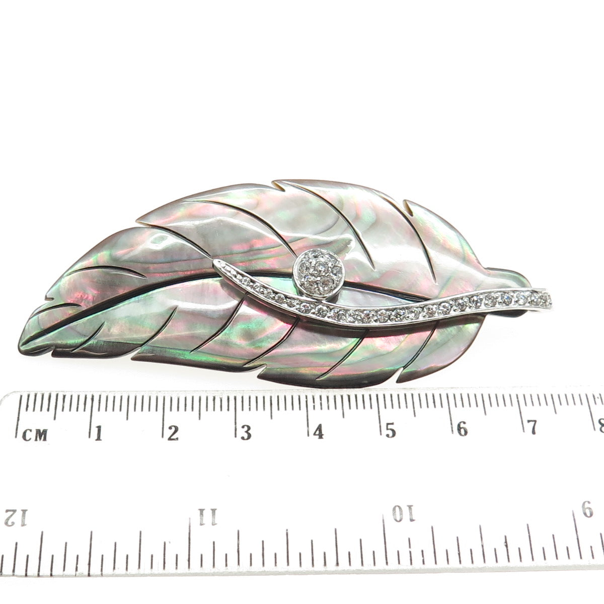 925 Sterling Silver Real Abalone Shell & C Z Leaf Modernist Pin Brooch