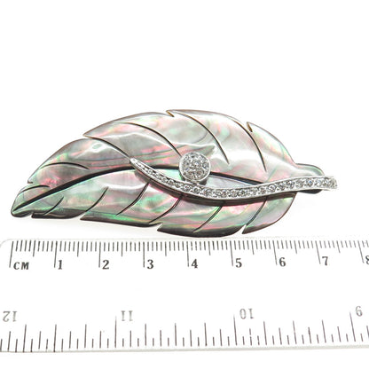 925 Sterling Silver Real Abalone Shell & C Z Leaf Modernist Pin Brooch