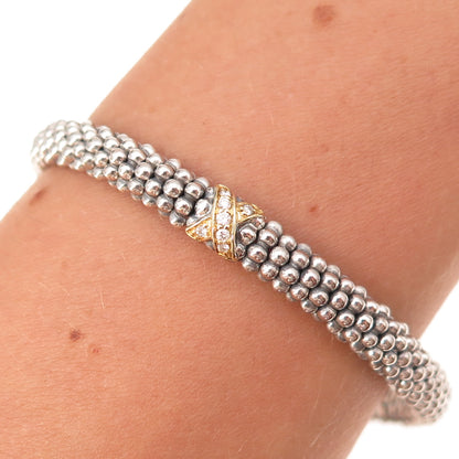 Lagos 925 Sterling Silver 18K Gold Real Diamond X-Shape Caviar Bracelet 6.75"