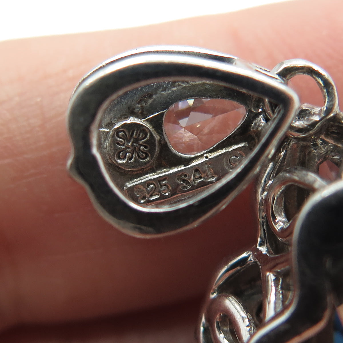 SAI 925 Sterling Silver Oval Round & Pear-Cut Blue White C Z Floral Pendant