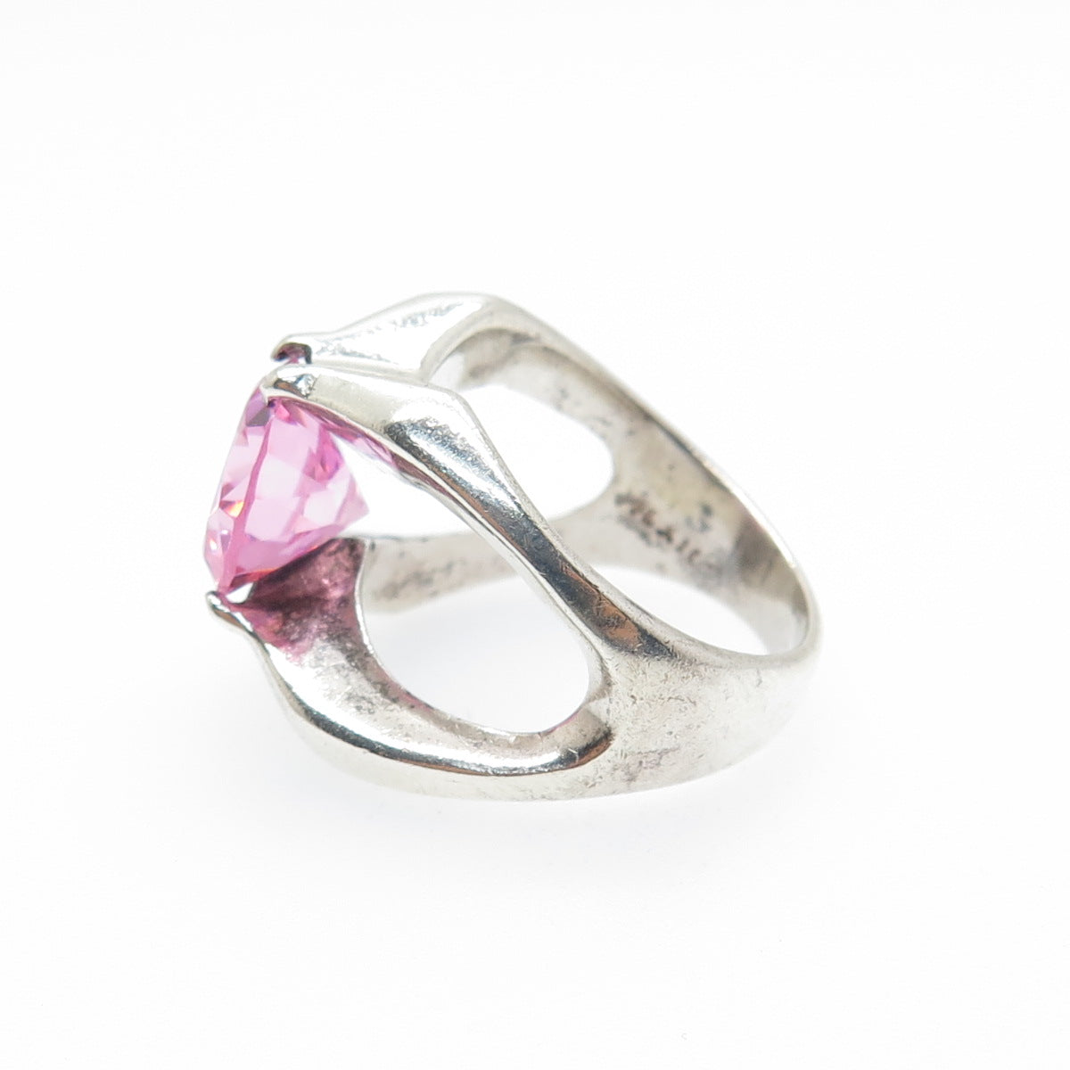 925 Sterling Silver Vintage Mexico Round-Cut Pink C Z Modernist Ring Size 7.5