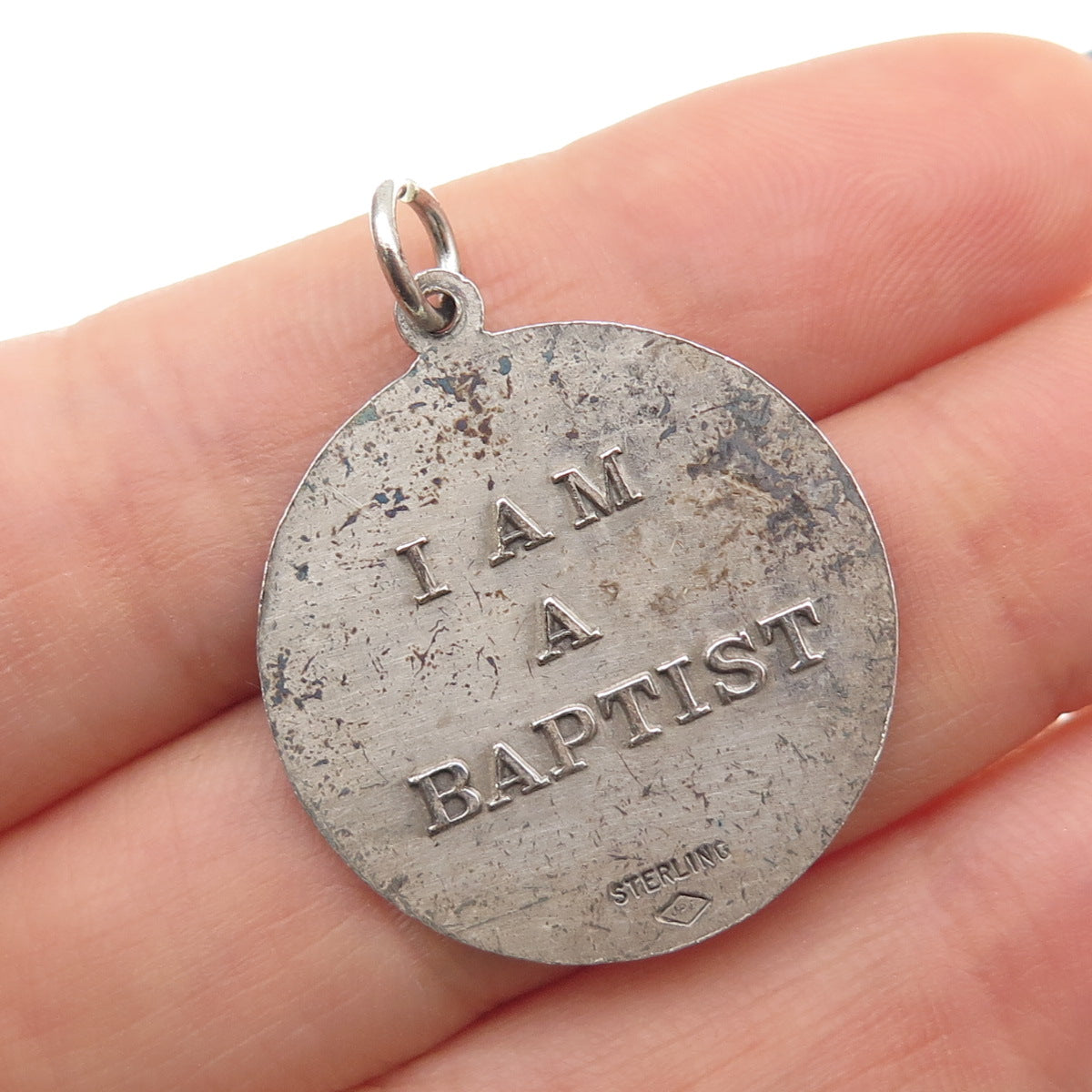 925 Sterling Silver Vintage I Am Baptist Jesus Medal Oxidized Charm Pendant
