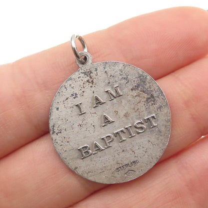 925 Sterling Silver Vintage I Am Baptist Jesus Medal Oxidized Charm Pendant