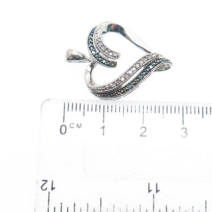 SUN 925 Sterling Silver Real Round-Cut White & Blue Diamond Heart Pendant