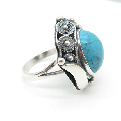 925 Sterling Silver Vintage Bisbee Turquoise Filigree Oxidized Ring Size 8.75