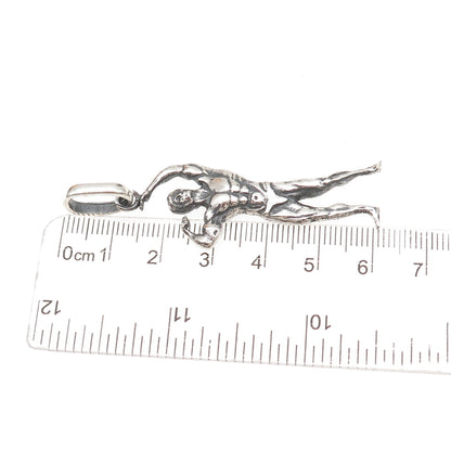 925 Sterling Silver Vintage European Bodybuilder Oxidized 3D Charm Pendant