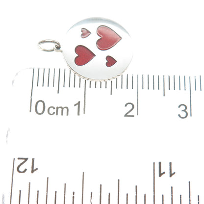 925 Sterling Silver Red Enamel Family Heart Round Tag Minimalist Charm Pendant