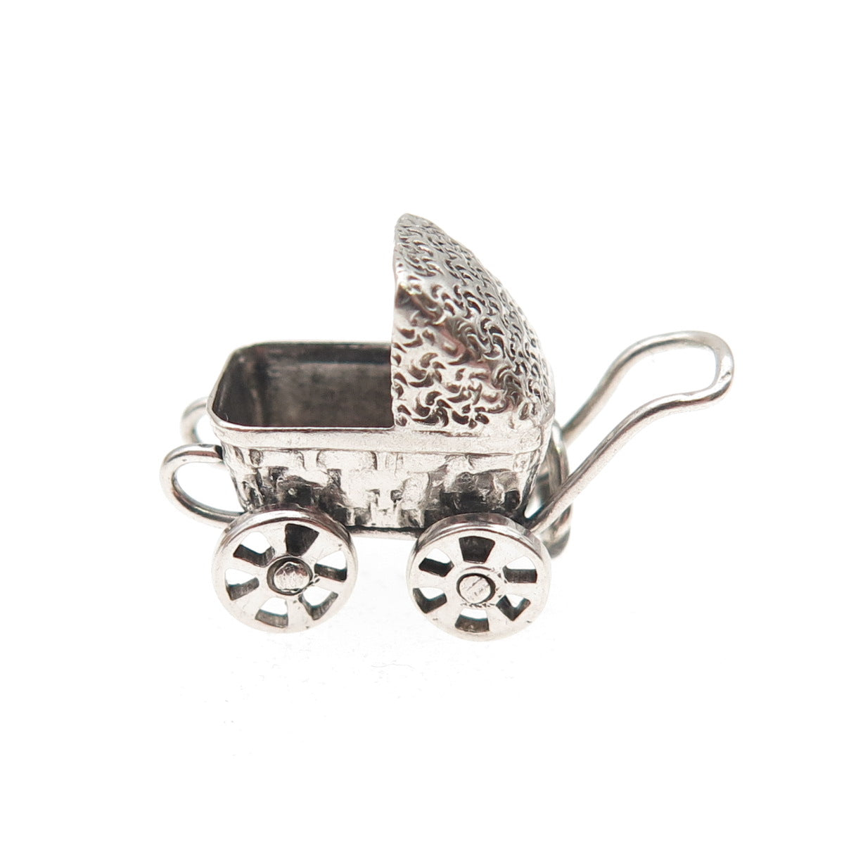 925 Sterling Silver Vintage Baby Stroller Oxidized 3D Mini Charm Pendant