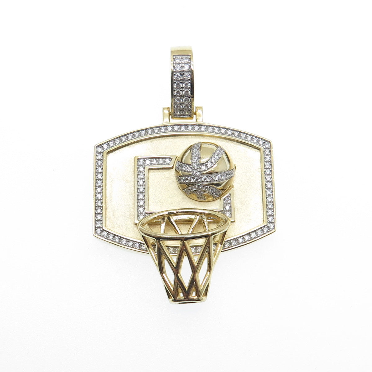 925 Sterling Silver Gold Plated Round-Cut C Z Basketball Hoop Pendant