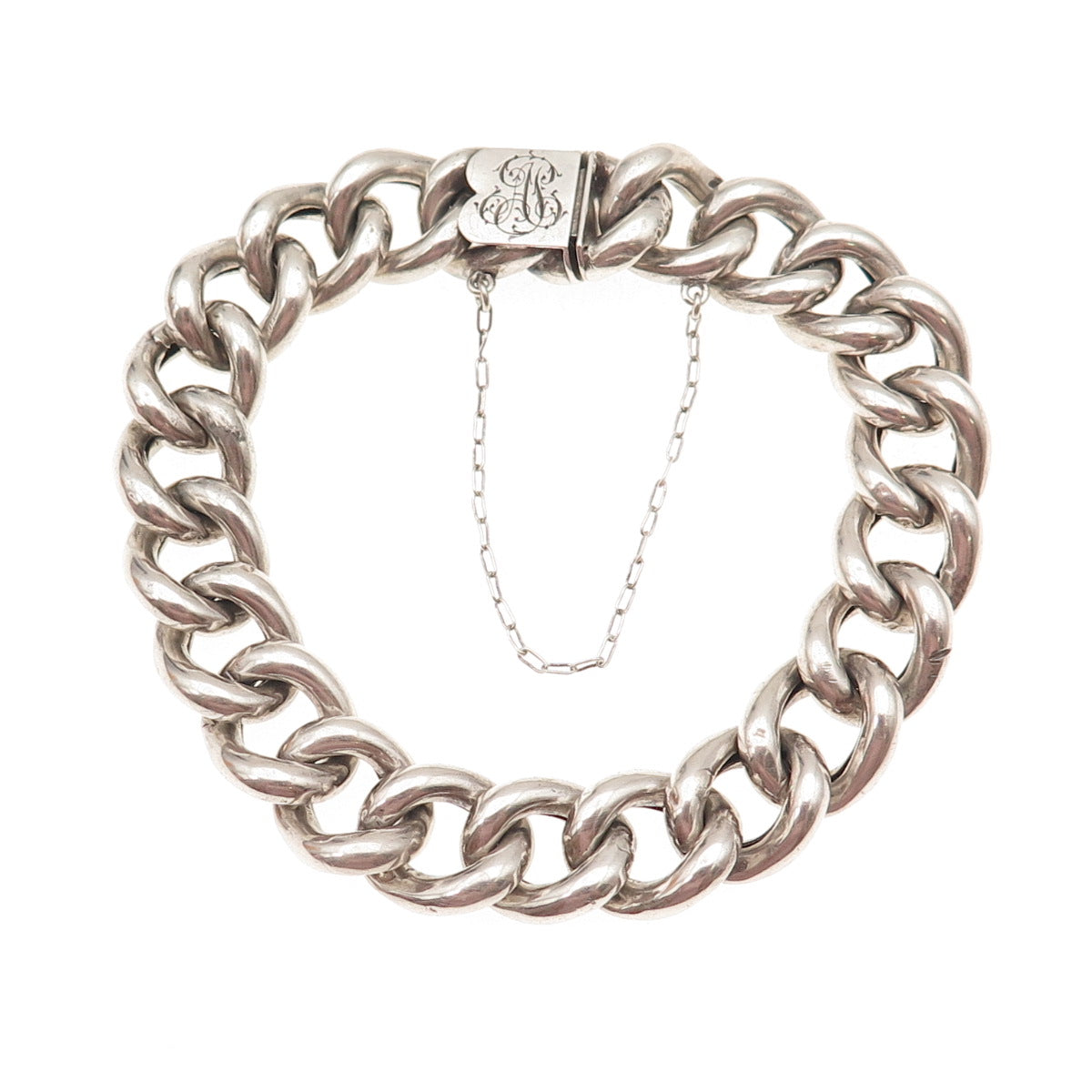 925 Sterling Silver Antique Art Deco Engraved Monogram Cuban Link Bracelet 7.5"