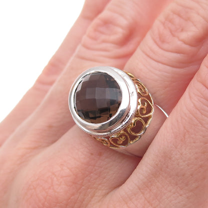 925 Sterling Silver 2-Tone Real Smoky Quartz Heart Ornate Ring Size 8.25