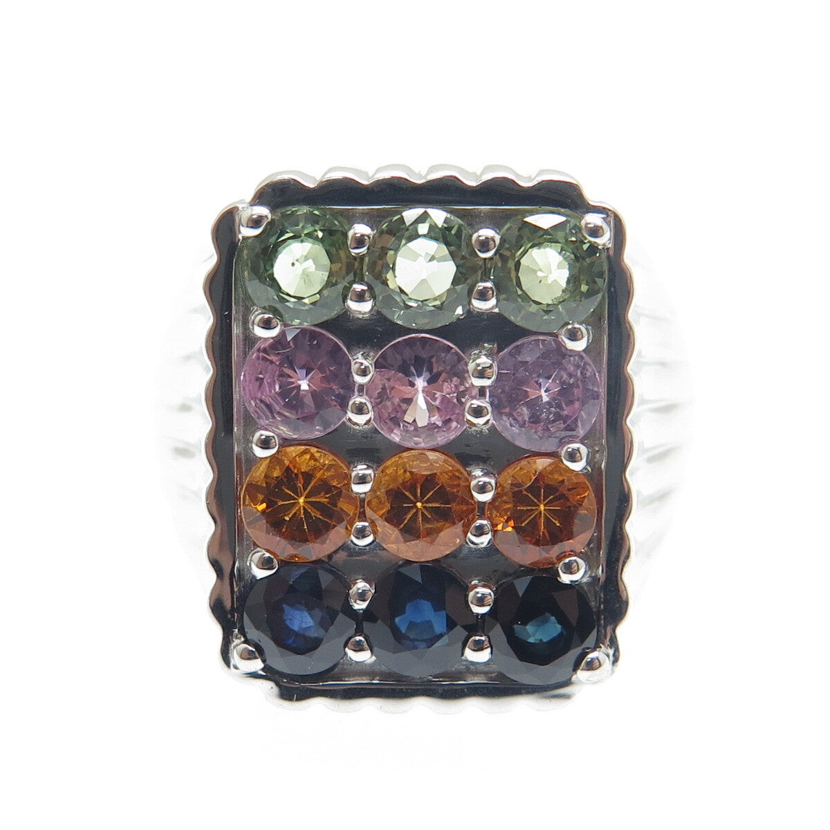 DSMK 925 Sterling Silver Round-Cut Multi-Color Sapphire Ribbed Ring Size 7.25