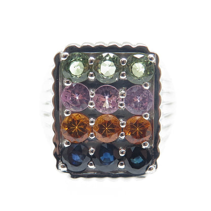 DSMK 925 Sterling Silver Round-Cut Multi-Color Sapphire Ribbed Ring Size 7.25