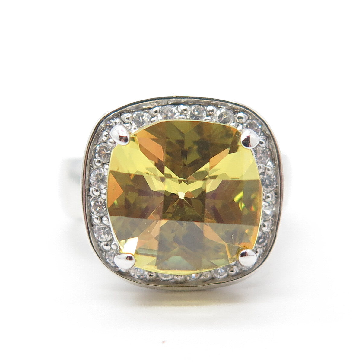 925 Sterling Silver Cushion-Cut Yellow & White C Z Engagement Ring Size 7.25