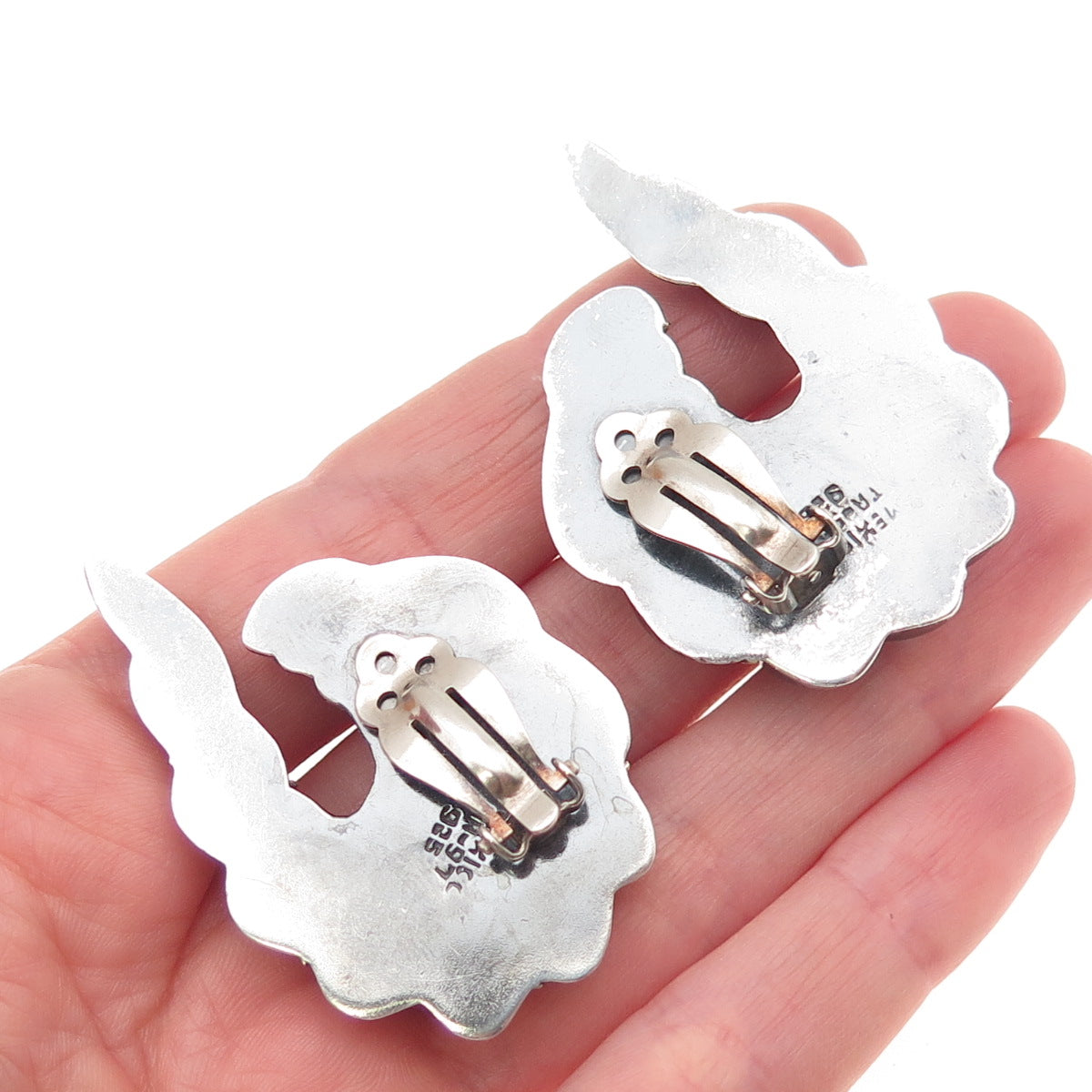 925 Sterling Silver 2-Tone Vintage Mexico Modernist Hook Clip On Earrings