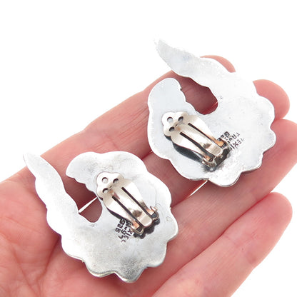 925 Sterling Silver 2-Tone Vintage Mexico Modernist Hook Clip On Earrings