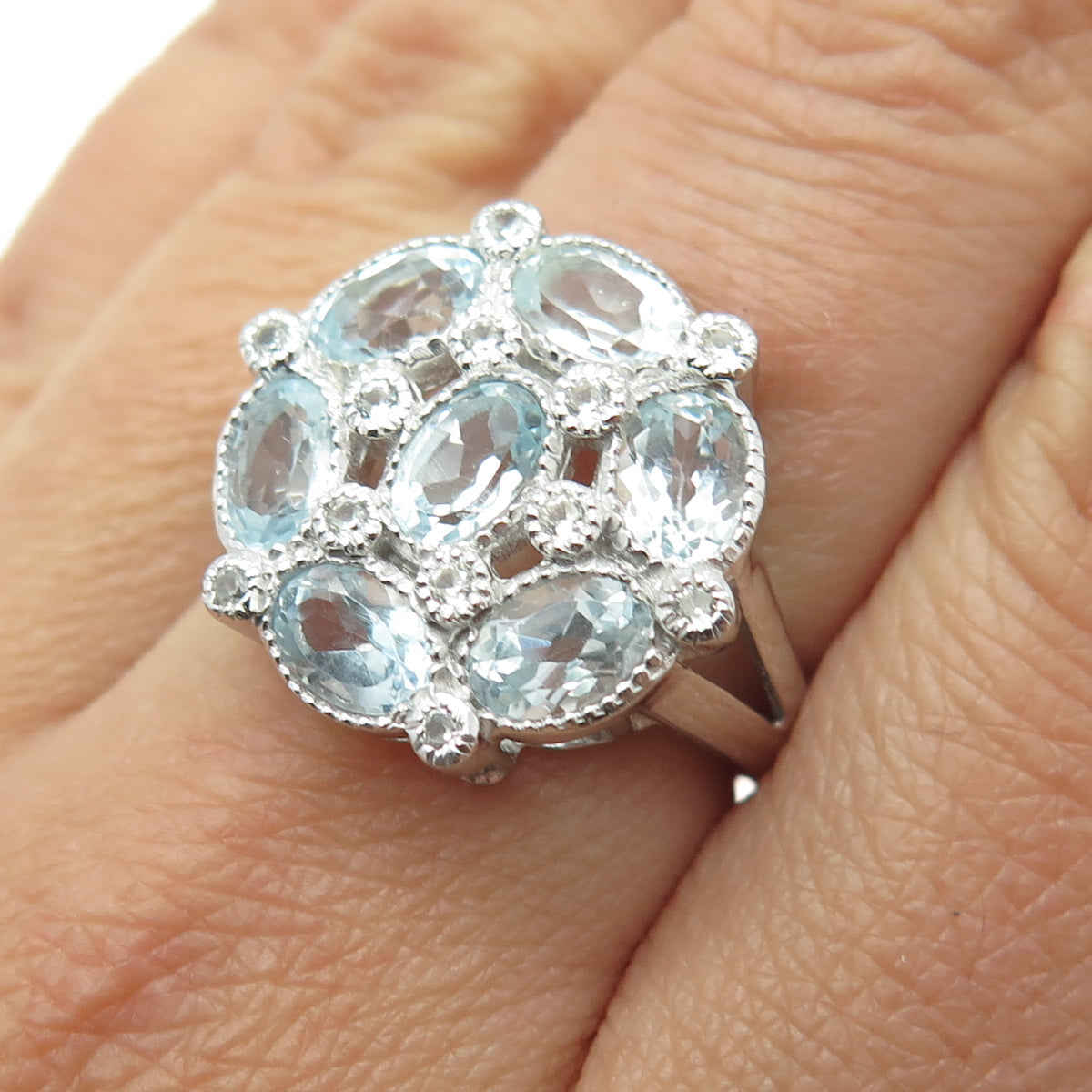 925 Sterling Silver Real Oval-Cut Blue & White Topaz Gemstone Ring Size 6.75