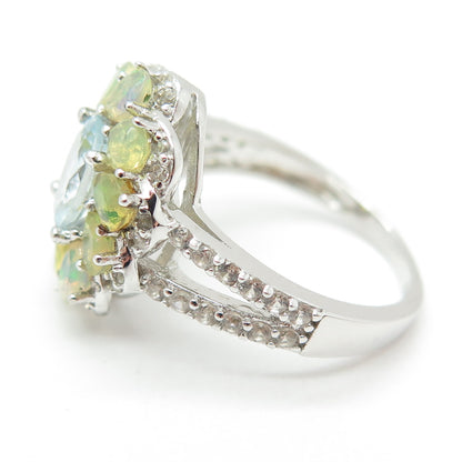 925 Sterling Silver Real Aquamarine Opal & White Topaz Flower Ring Size 7.75