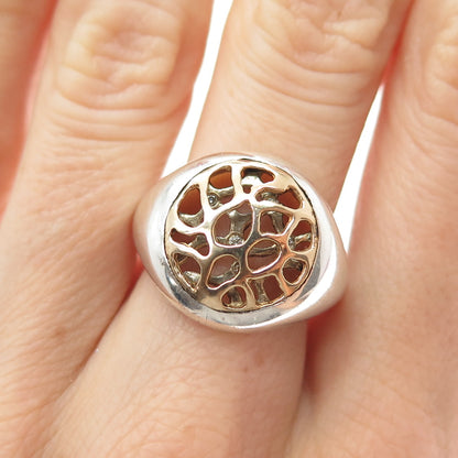 925 Sterling Silver 14K Rose Gold Vintage Real Diamond Modernist Ring Size 7.75