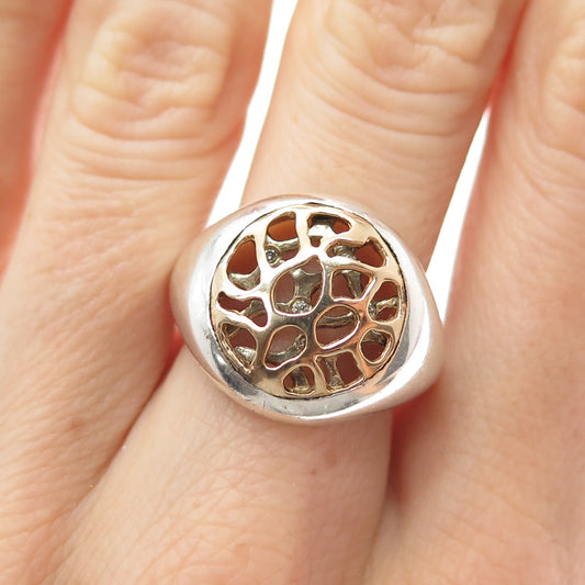 925 Sterling Silver 14K Rose Gold Vintage Real Diamond Modernist Ring Size 7.75