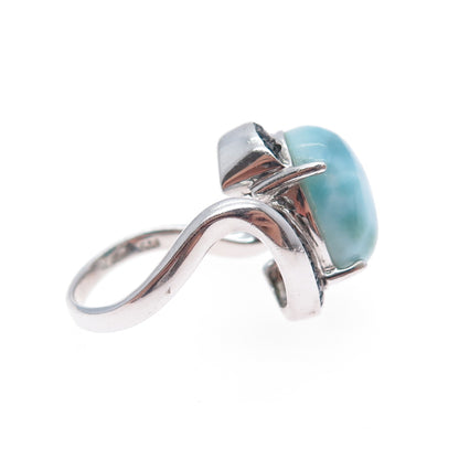 NOA ZUMAN 925 Sterling Silver Real Larimar & Black Spinel Bypass Ring Size 6