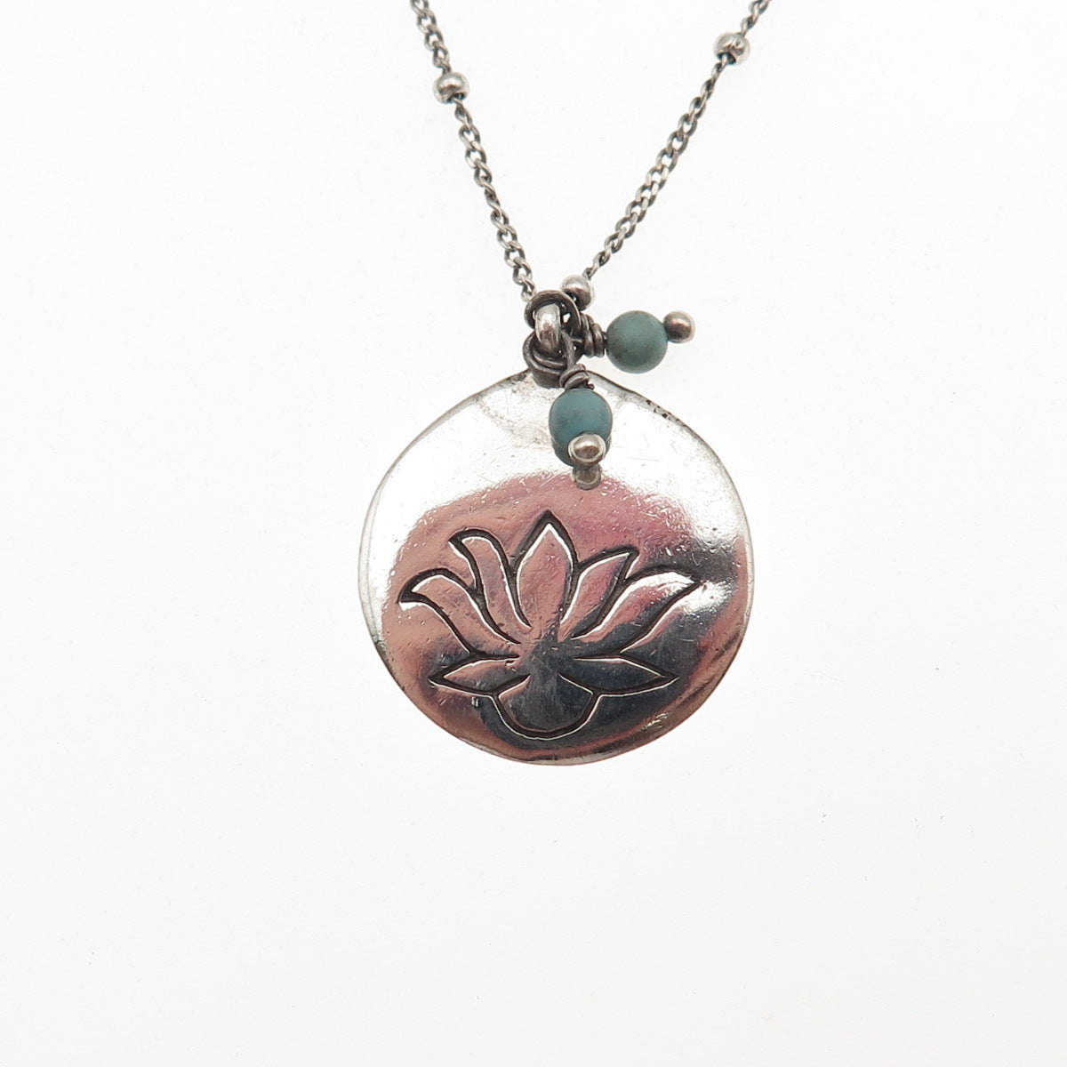 Satya 925 Sterling Silver Vintage Real Turquoise Lotus Tag Chain Necklace 20"