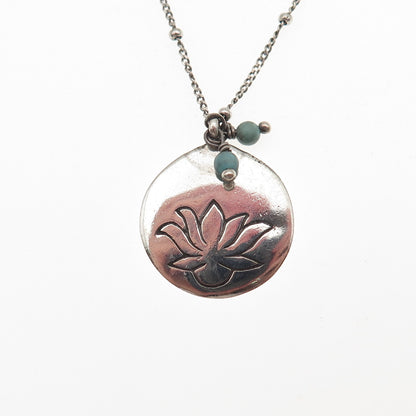 Satya 925 Sterling Silver Vintage Real Turquoise Lotus Tag Chain Necklace 20"