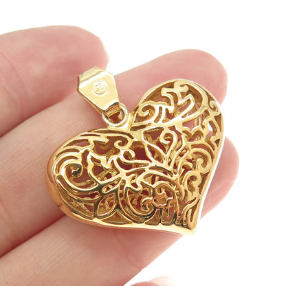 925 Sterling Silver Gold Plated Ornate Heart 3D Pendant