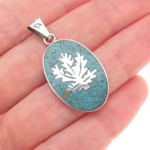925 Sterling Silver Vintage Mexico Real Turquoise Inlay Cannabis Charm Pendant