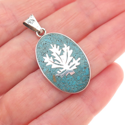 925 Sterling Silver Vintage Mexico Real Turquoise Inlay Cannabis Charm Pendant
