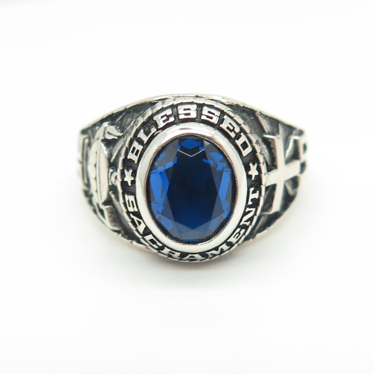 925 Sterling Silver Lab-Created Sapphire 2010 Blessed Sacrament Ring Size 9.25